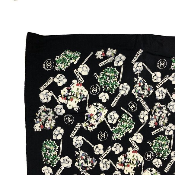 CHANEL Vintage Camellia & CC Logo Black Silk Scarf - Picture 6 of 8